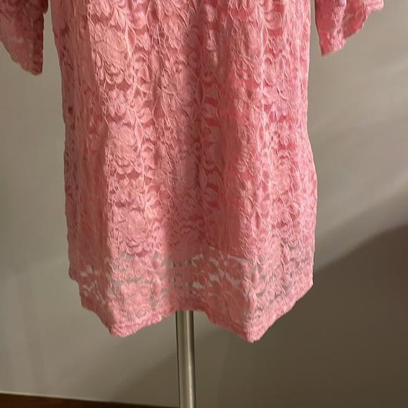 Lace stretch top / blouse mock neckline overlay with attached tank S/S pink sz S - Picture 8 of 15